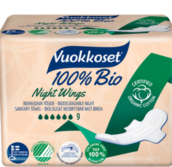 Vuokkoset, podpaski ze skrzydełkami na noc 100% BIO z bawełny organicznej 9 sztuk